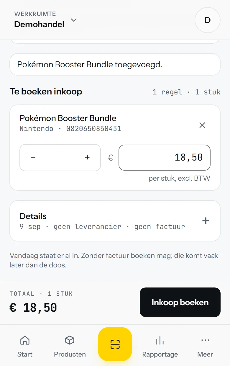 Het inboekscherm met de prijs per partij