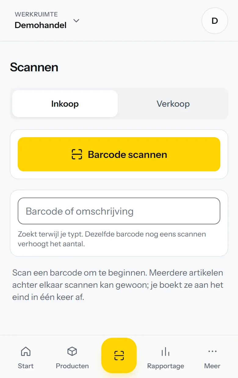 Het scanscherm met de knop om een barcode te scannen