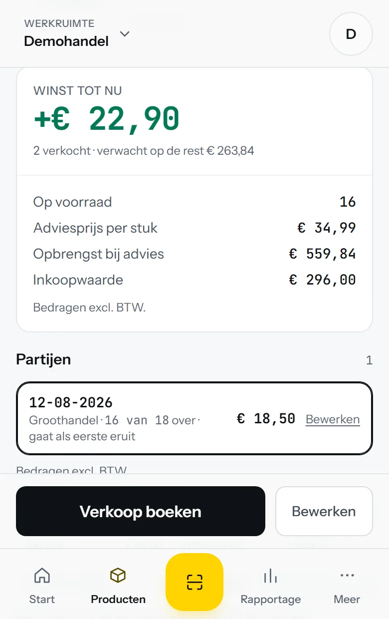 Het winstscherm per artikel
